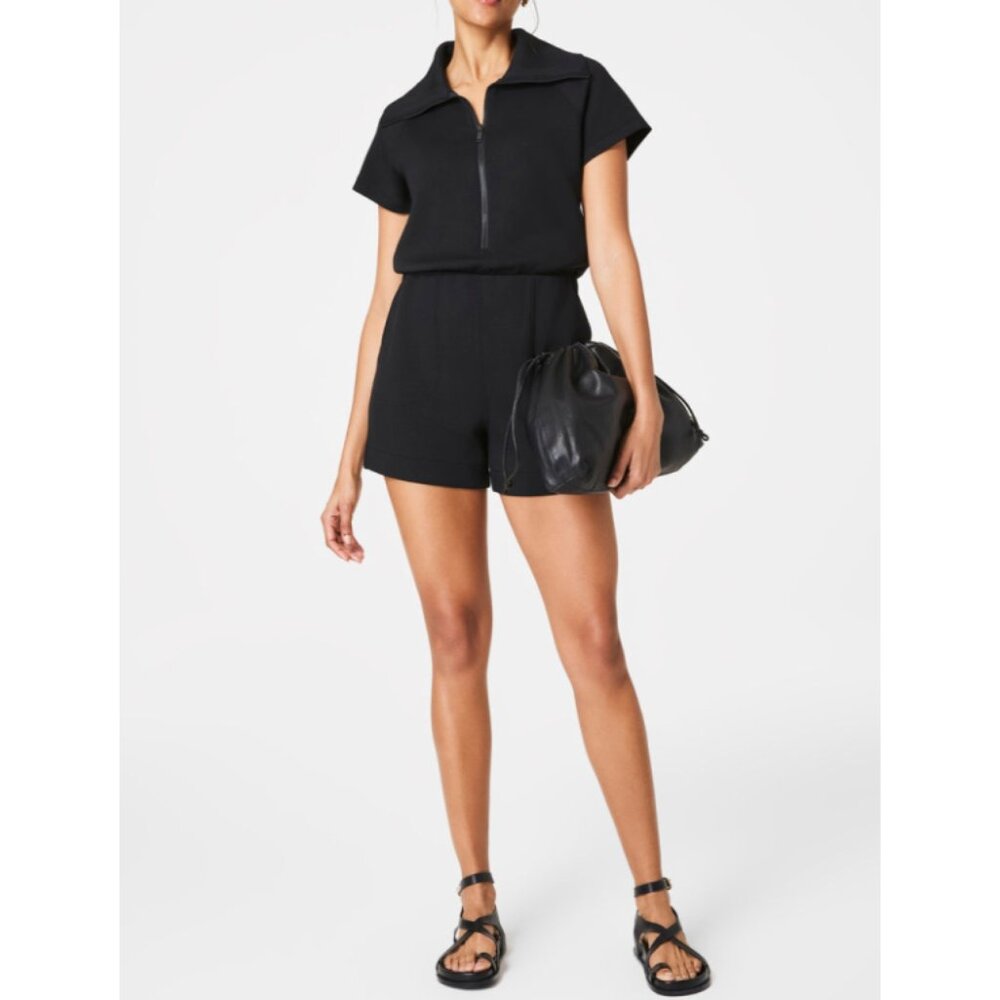 Spanx AirEssentials Half-Zip Romper Very Black Henley Zipper Polo Jumpsuit 2X - Picture 2 of 15